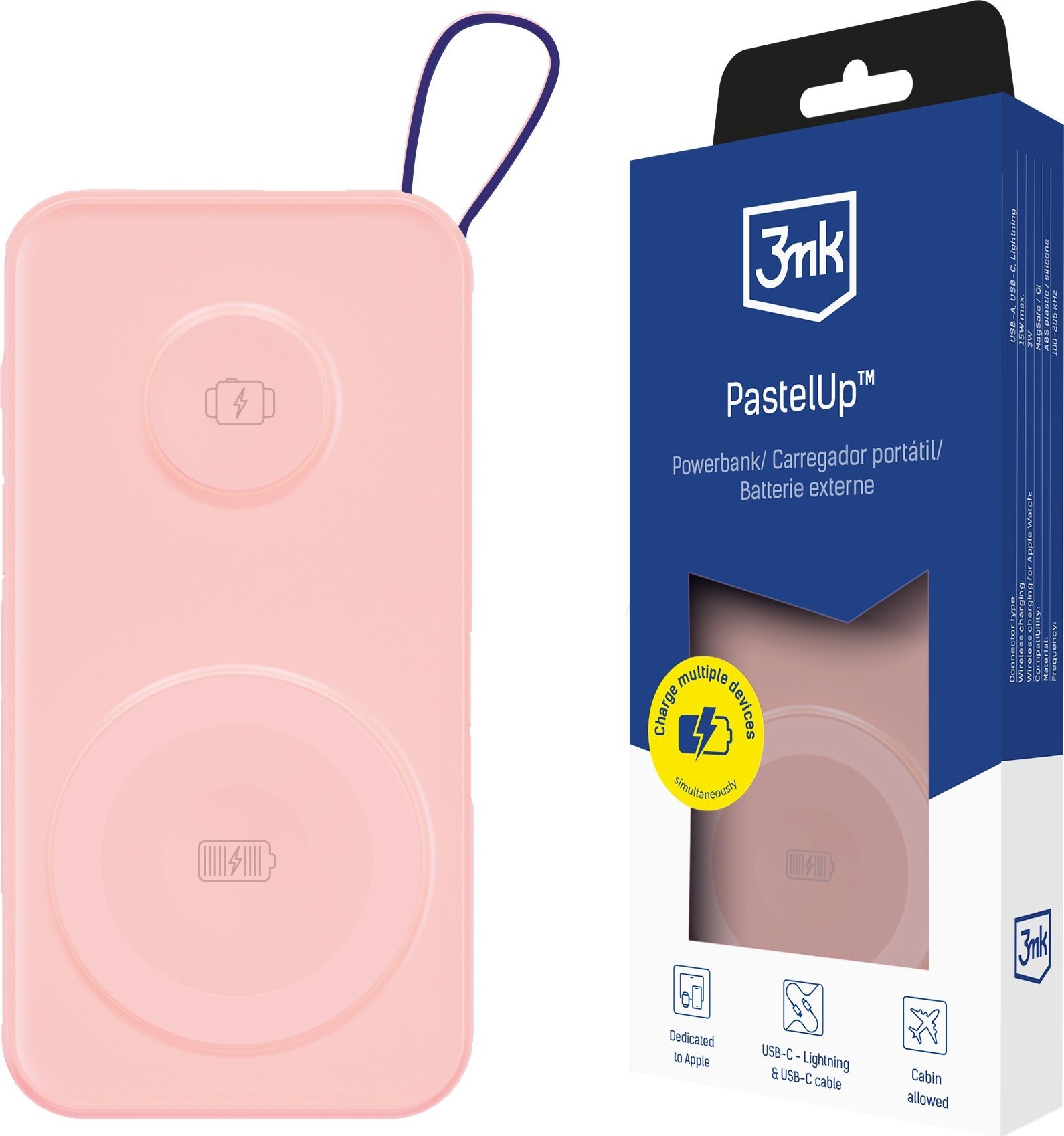 Powerbank 3mk PastelUp, MagSafe, полнење за Apple Watch, повеќебоен пастел