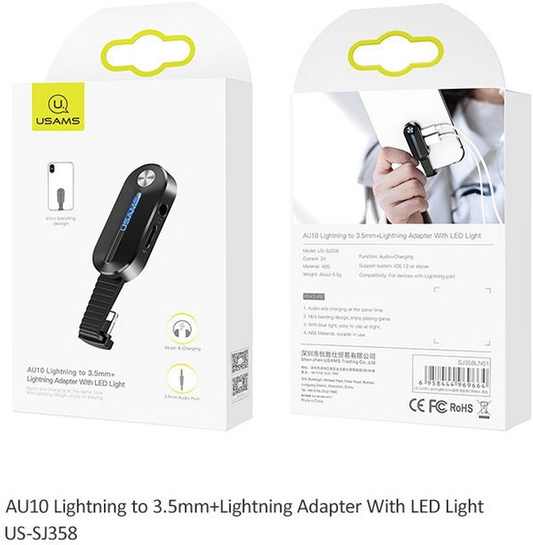 Karikues USAMS SJ358 Lightning/3.5mm+Lightning adapter, dritë LED , i zi