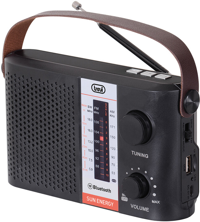 Radio portative Trevi RA 7F25 BT, panel diellor 100mA, e zezë