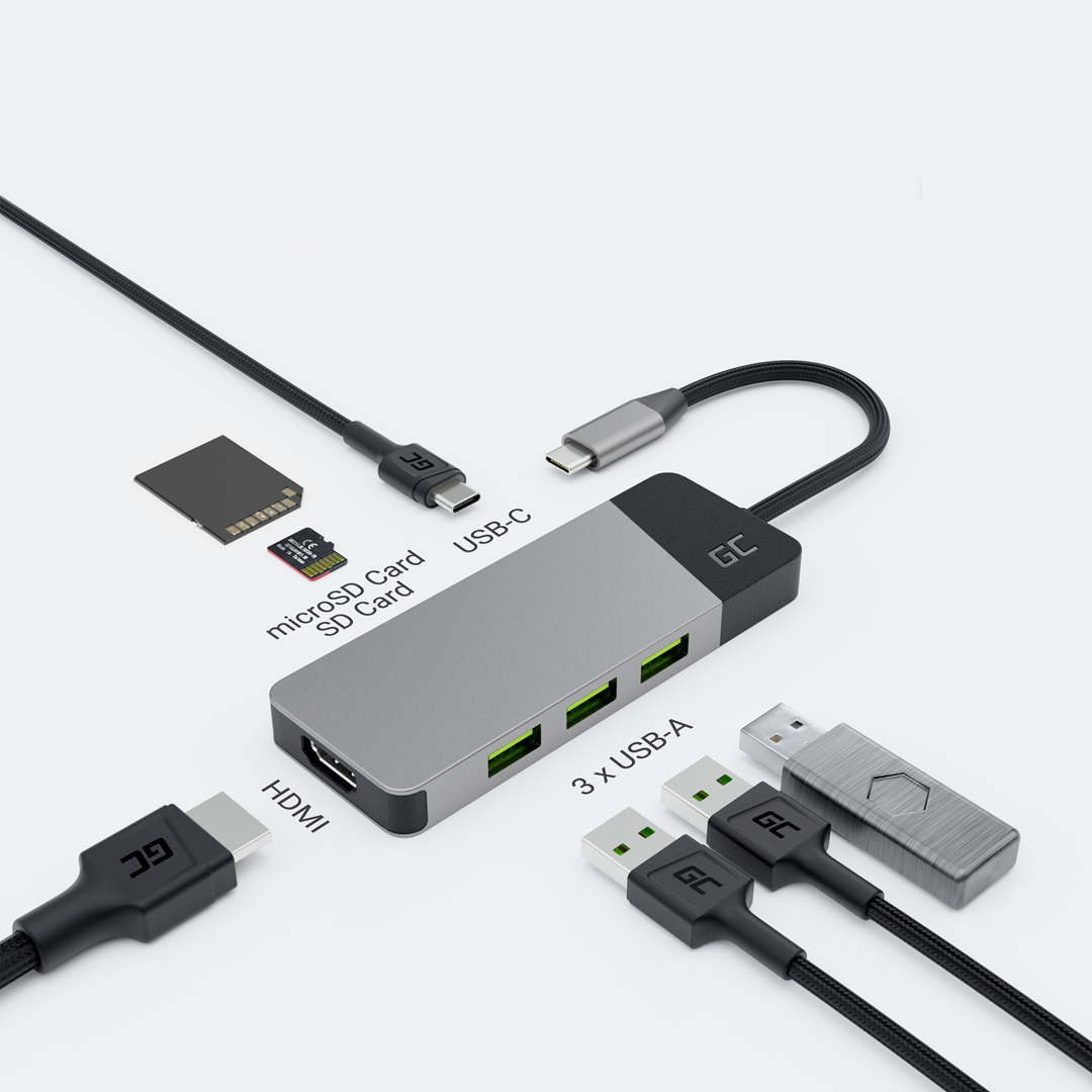 Qendër USB-C Green Cell HUBGC01, 7-në-1, 4K 60Hz, 85W, i hirtë